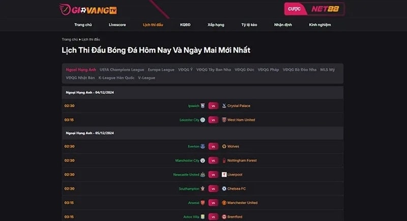 Lịch thi đấu bóng đá được cập nhật chi tiết mỗi ngày tại GiovangTV